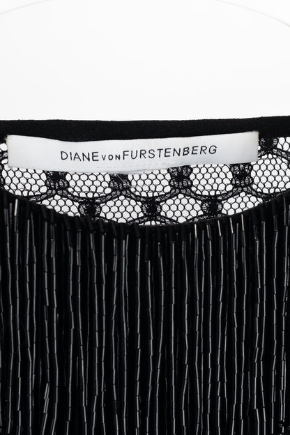 Diane Von Furstenberg Margherita Black Crepe Beaded-Fringe Lace-Back Mini Dress