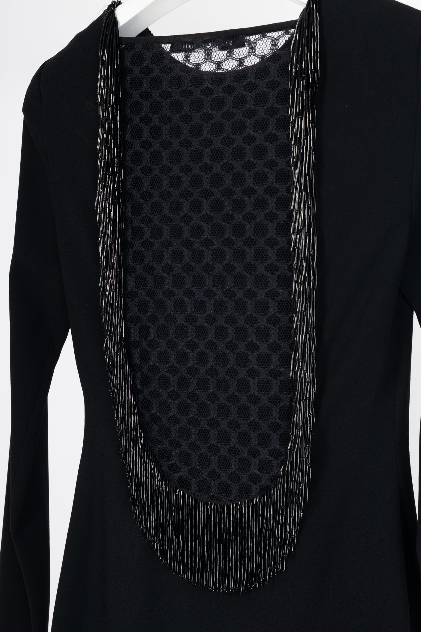Diane Von Furstenberg Margherita Black Crepe Beaded-Fringe Lace-Back Mini Dress