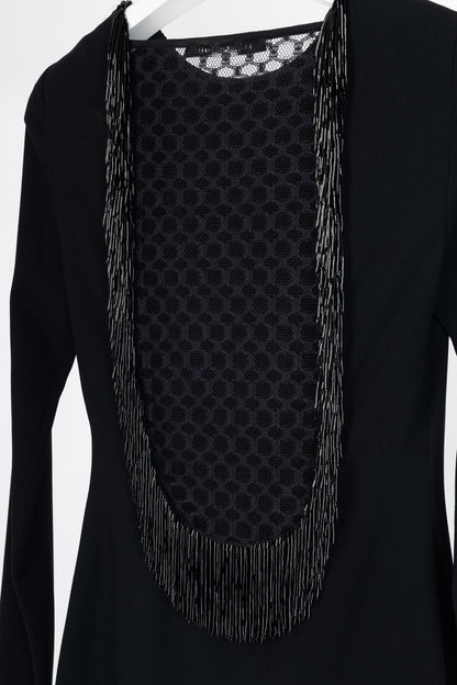 Diane Von Furstenberg Margherita Black Crepe Beaded-Fringe Lace-Back Mini Dress