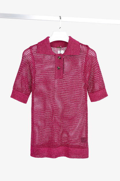 Dodo Bar Or Nma Fuchsia Short-Sleeve Crochet Polo Shirt