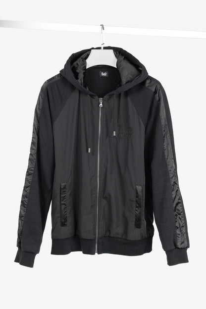 D&G Dolce & Gabbana Black Cotton Logo-Embroidered Zip Hoodie