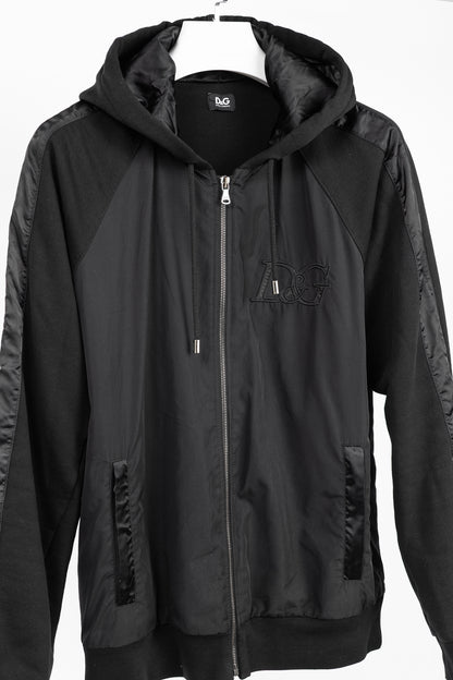 D&G Dolce & Gabbana Black Cotton Logo-Embroidered Zip Hoodie