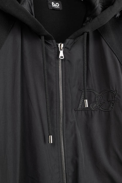 D&G Dolce & Gabbana Black Cotton Logo-Embroidered Zip Hoodie