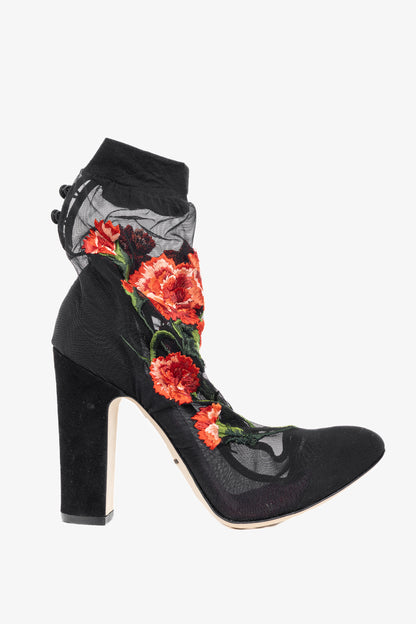 Dolce & Gabbana SS/15 Runway Nero Multi Floral-Embroidered Mesh Suede Booties