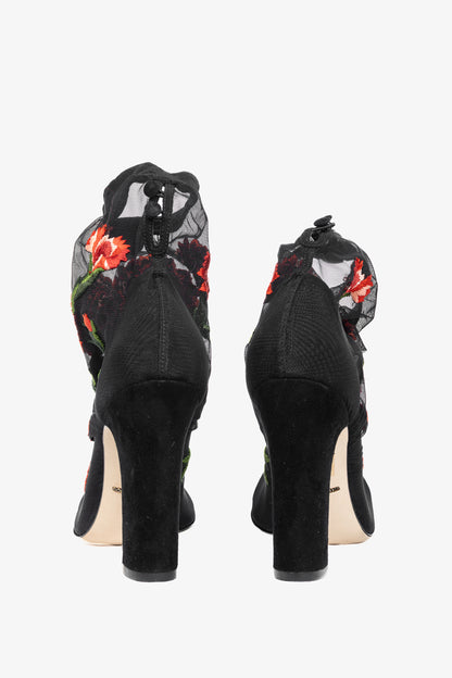 Dolce & Gabbana SS/15 Runway Nero Multi Floral-Embroidered Mesh Suede Booties