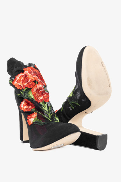 Dolce & Gabbana SS/15 Runway Nero Multi Floral-Embroidered Mesh Suede Booties