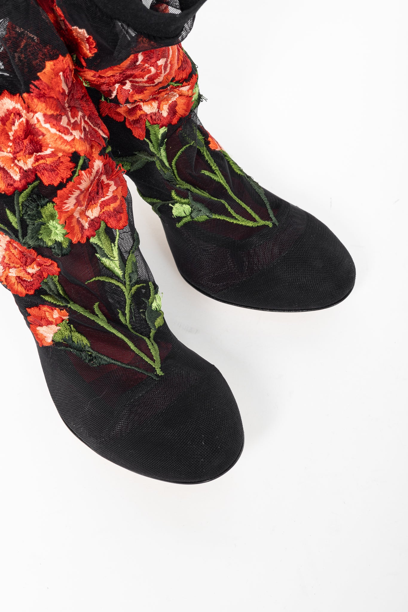 Dolce & Gabbana SS/15 Runway Nero Multi Floral-Embroidered Mesh Suede Booties