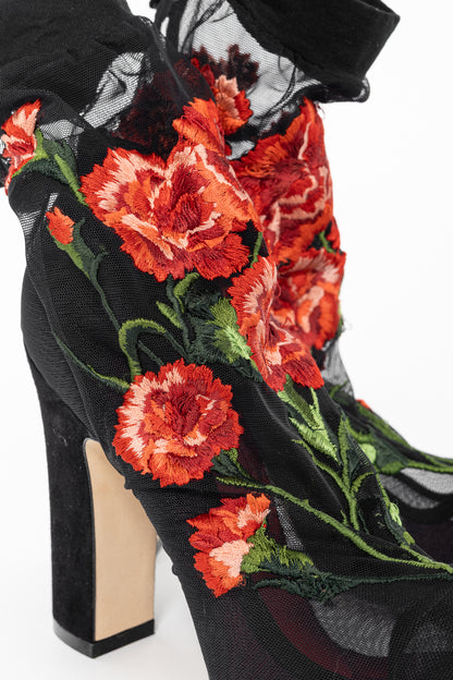 Dolce & Gabbana SS/15 Runway Nero Multi Floral-Embroidered Mesh Suede Booties