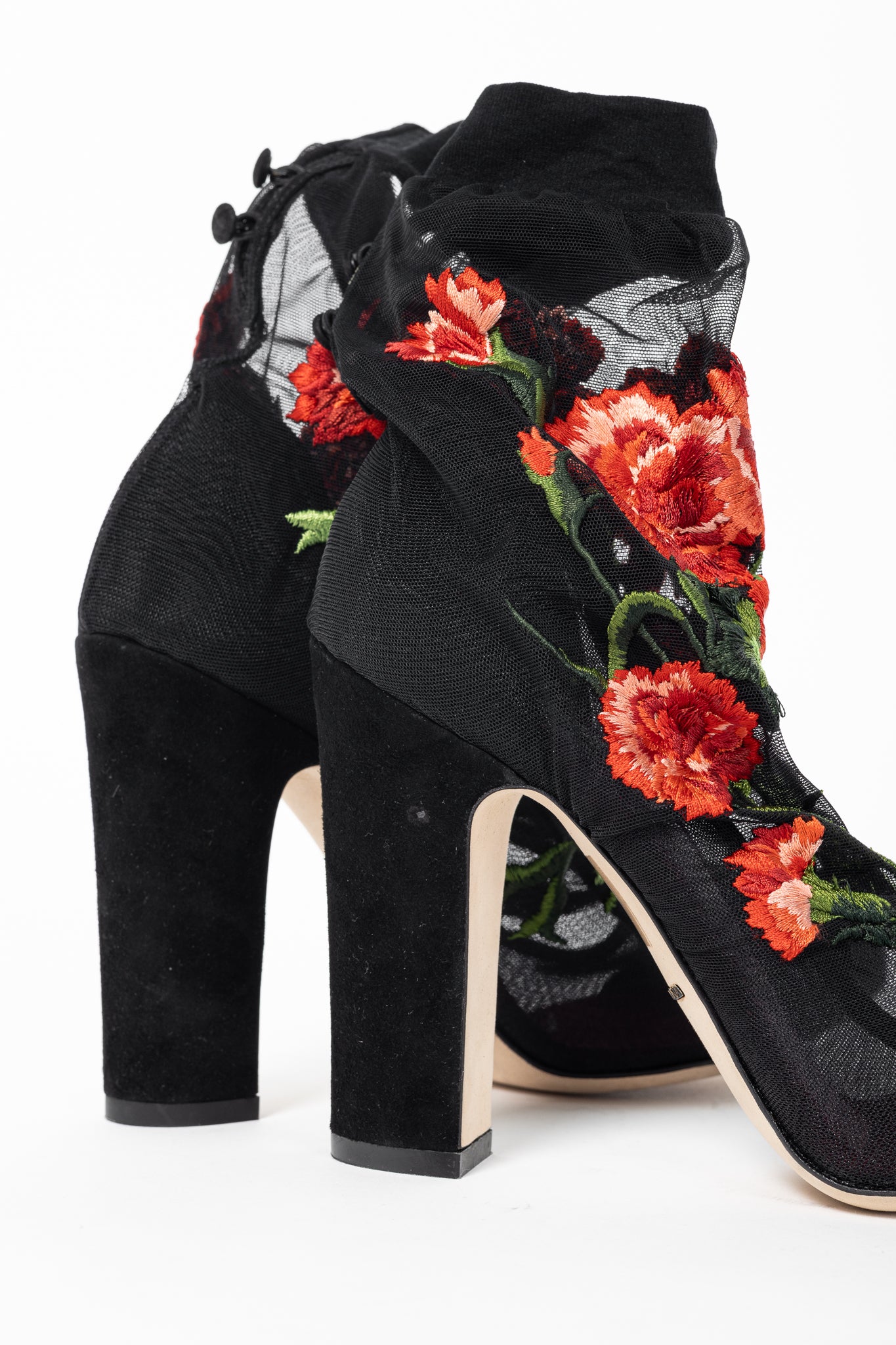 Dolce & Gabbana SS/15 Runway Nero Multi Floral-Embroidered Mesh Suede Booties