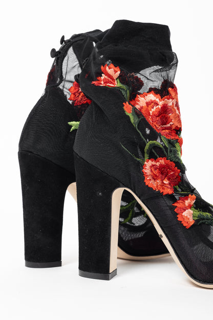 Dolce & Gabbana SS/15 Runway Nero Multi Floral-Embroidered Mesh Suede Booties