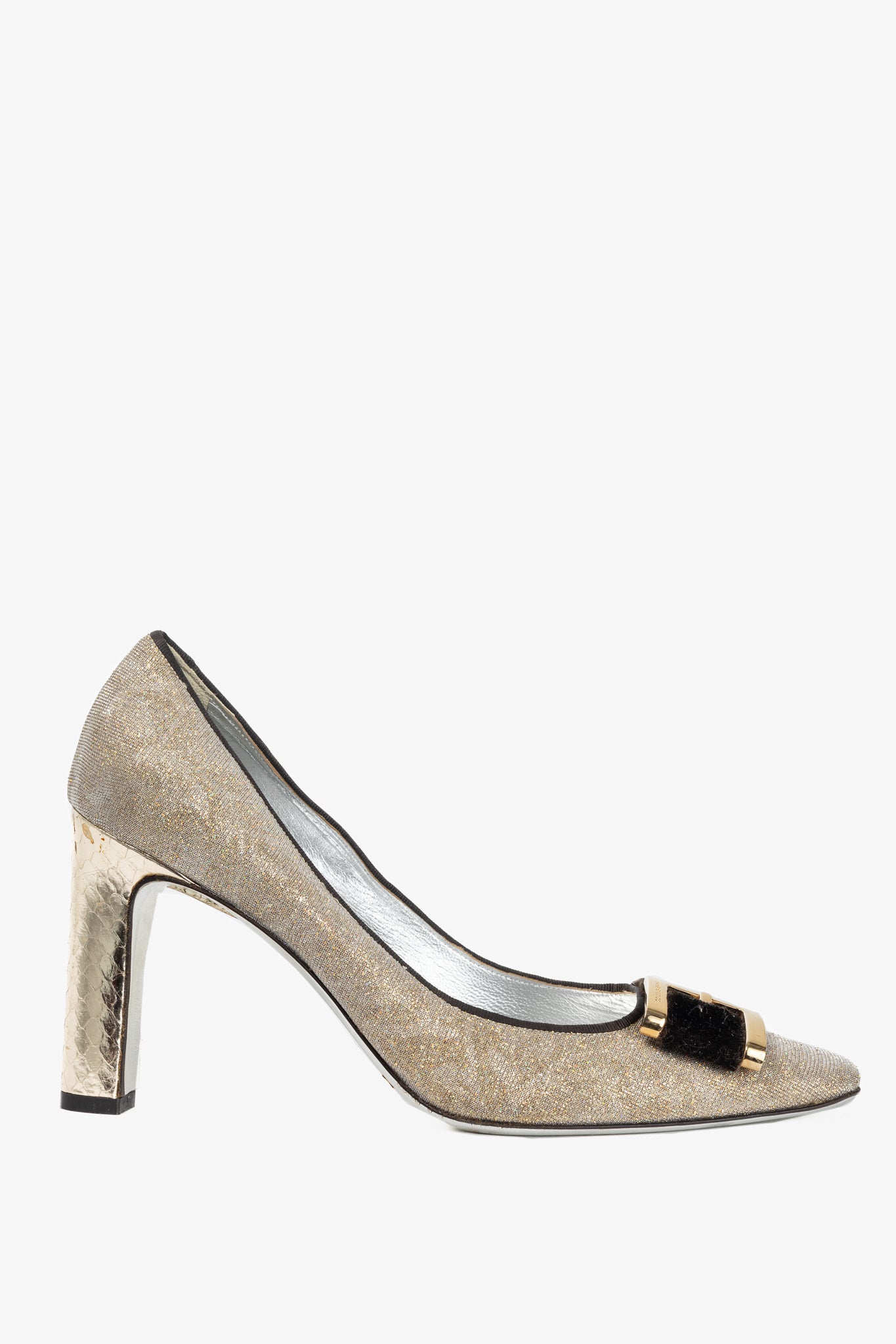 Dolce & Gabbana Gold Sparkle Velvet-Buckle Pumps