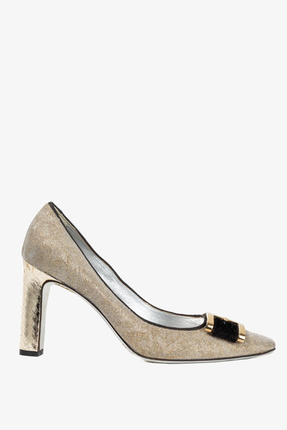 Dolce & Gabbana Gold Sparkle Velvet-Buckle Pumps