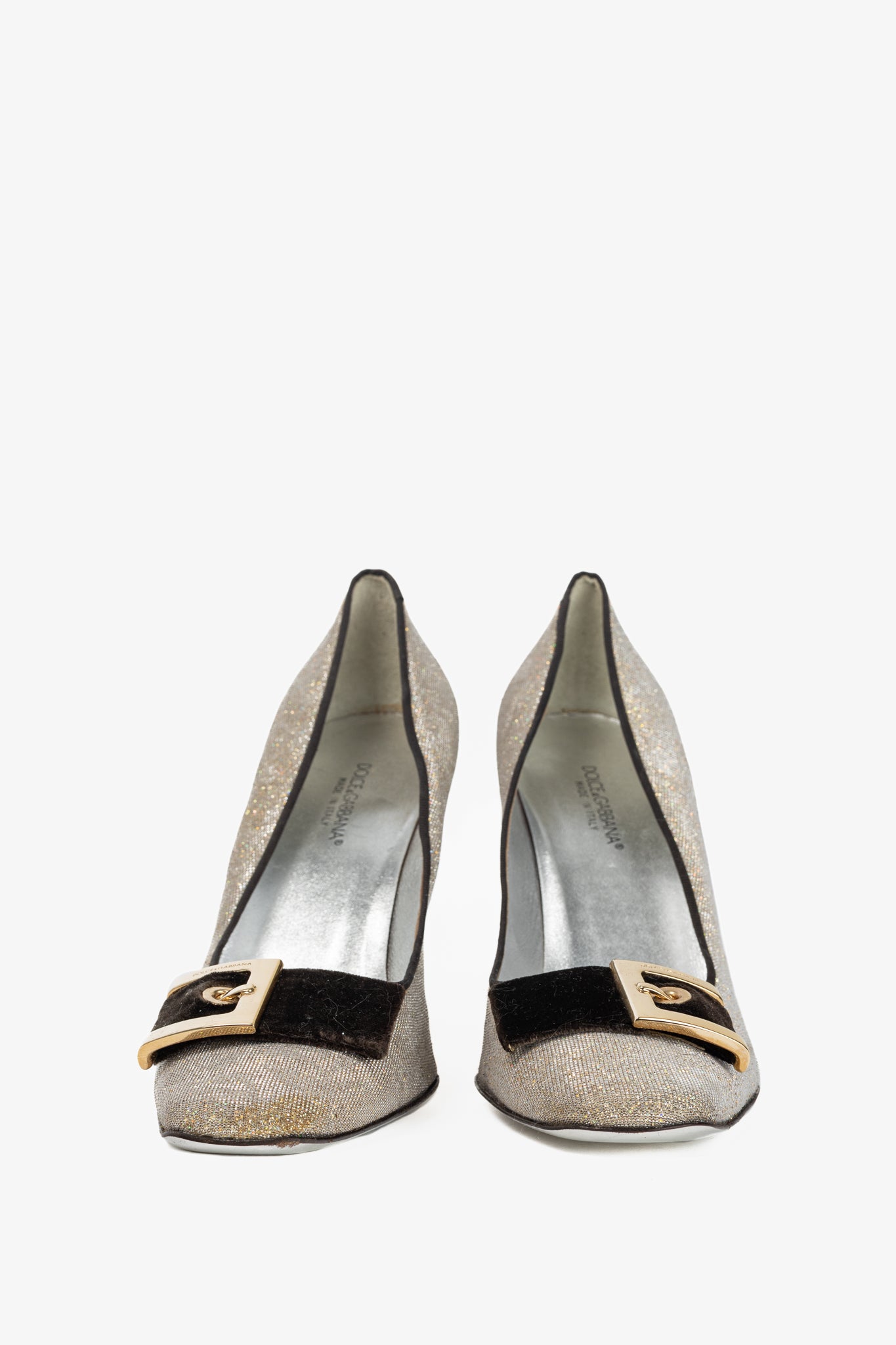 Dolce & Gabbana Gold Sparkle Velvet-Buckle Pumps