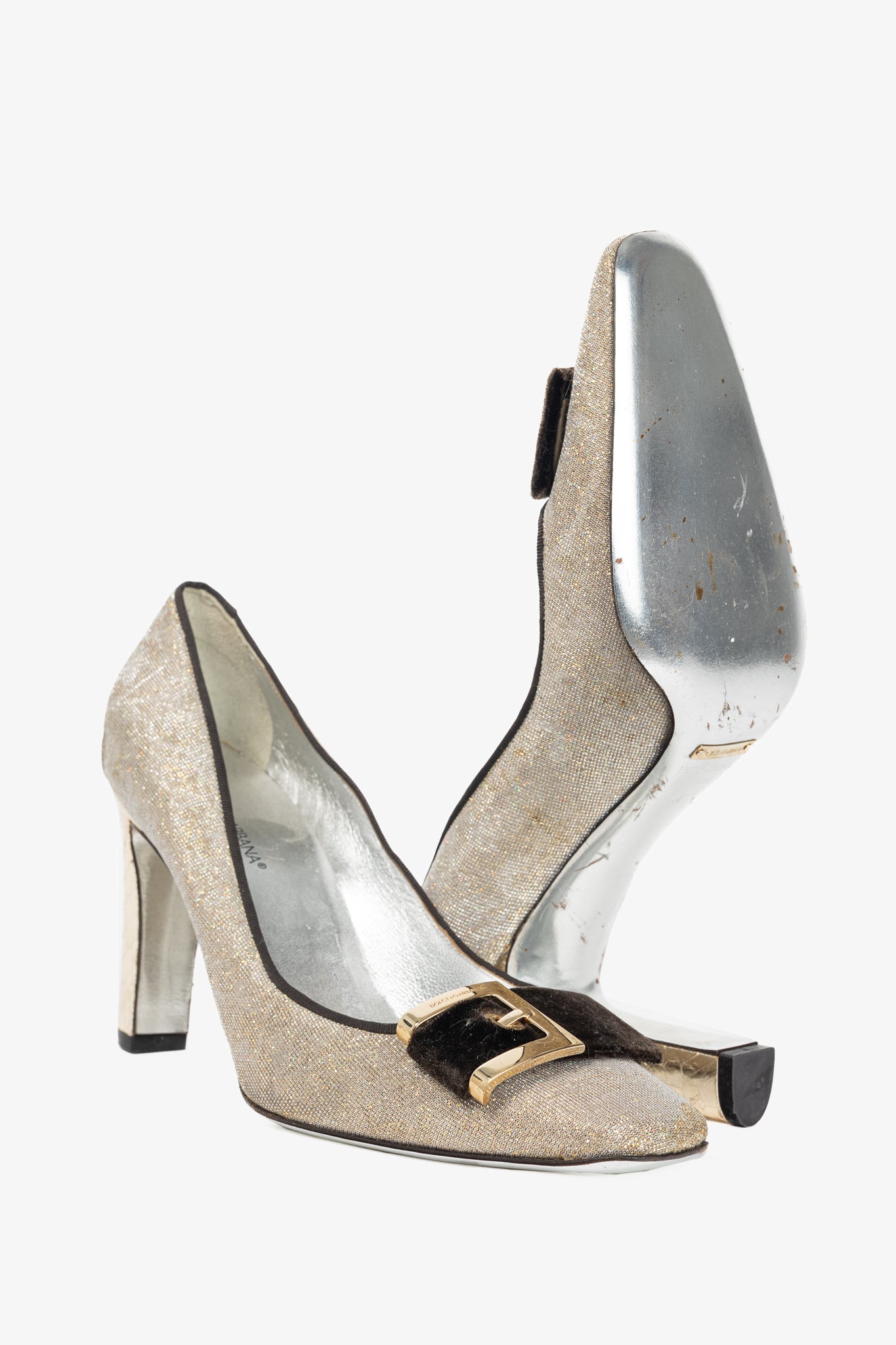 Dolce & Gabbana Gold Sparkle Velvet-Buckle Pumps