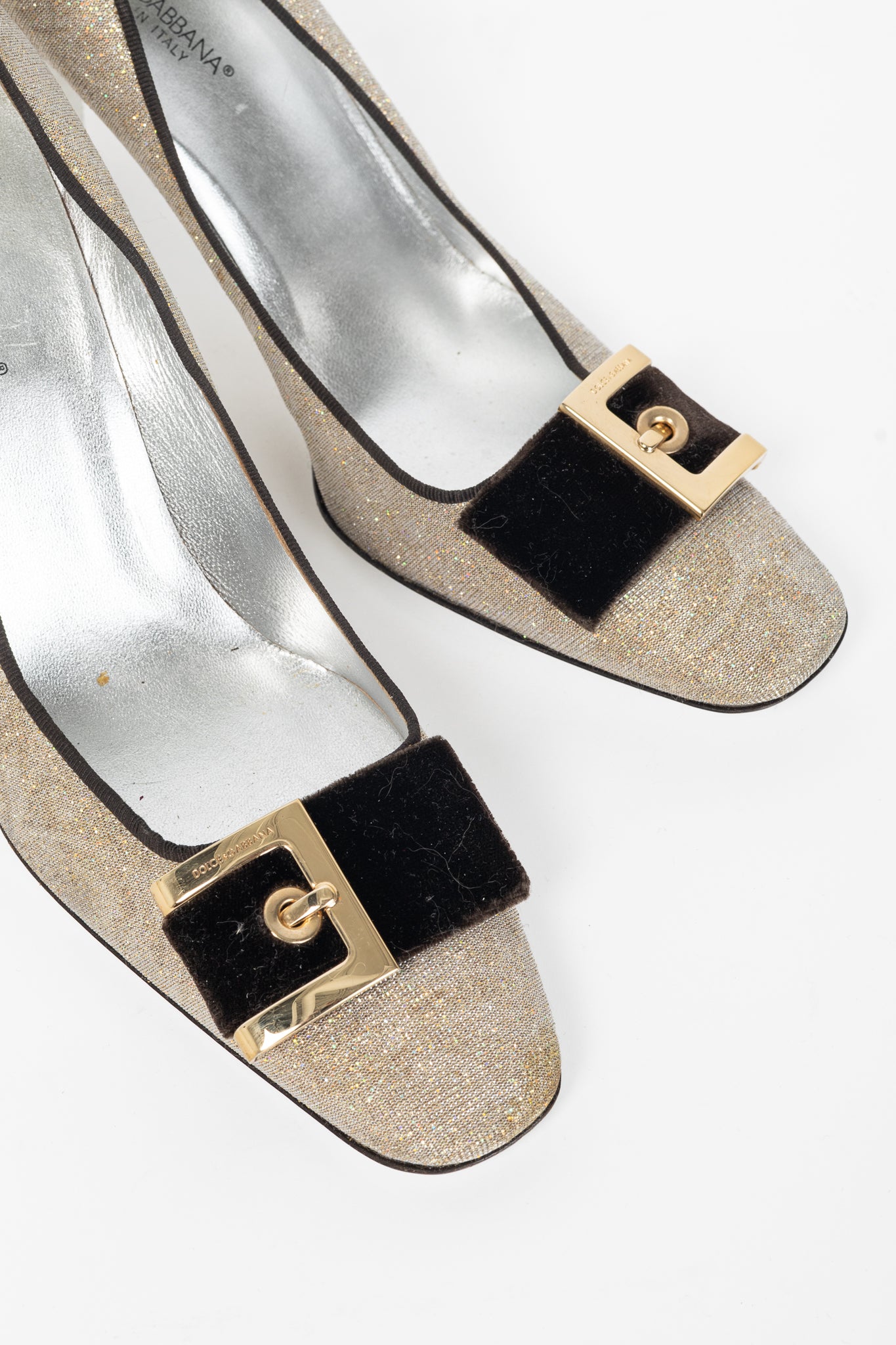 Dolce & Gabbana Gold Sparkle Velvet-Buckle Pumps
