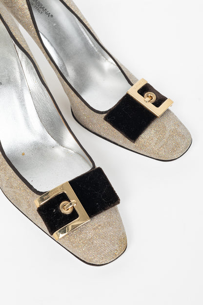 Dolce & Gabbana Gold Sparkle Velvet-Buckle Pumps