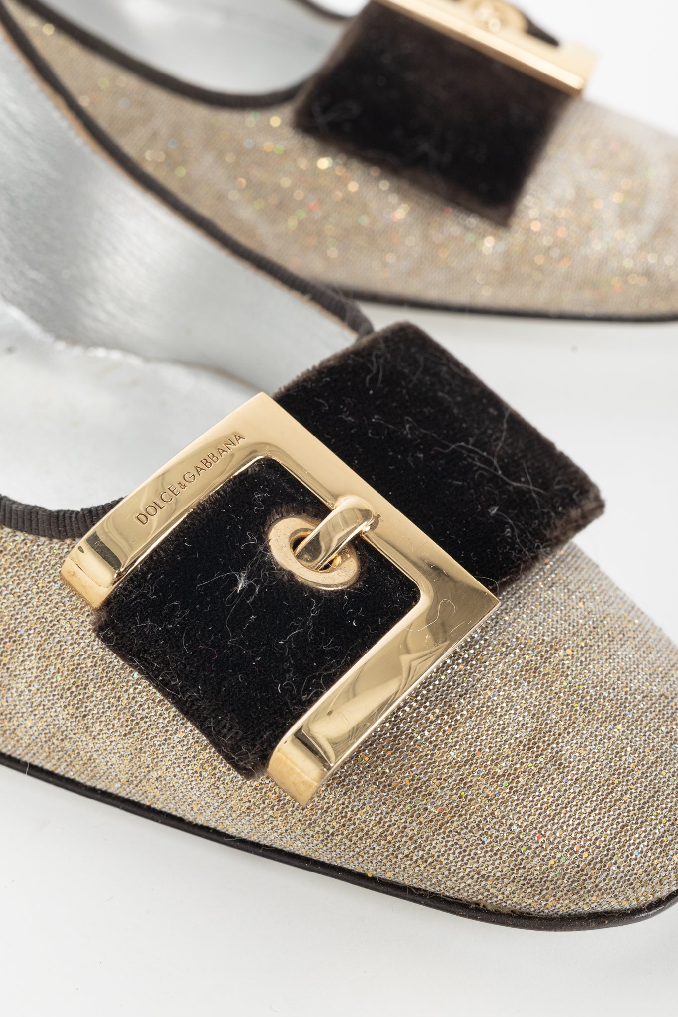 Dolce & Gabbana Gold Sparkle Velvet-Buckle Pumps