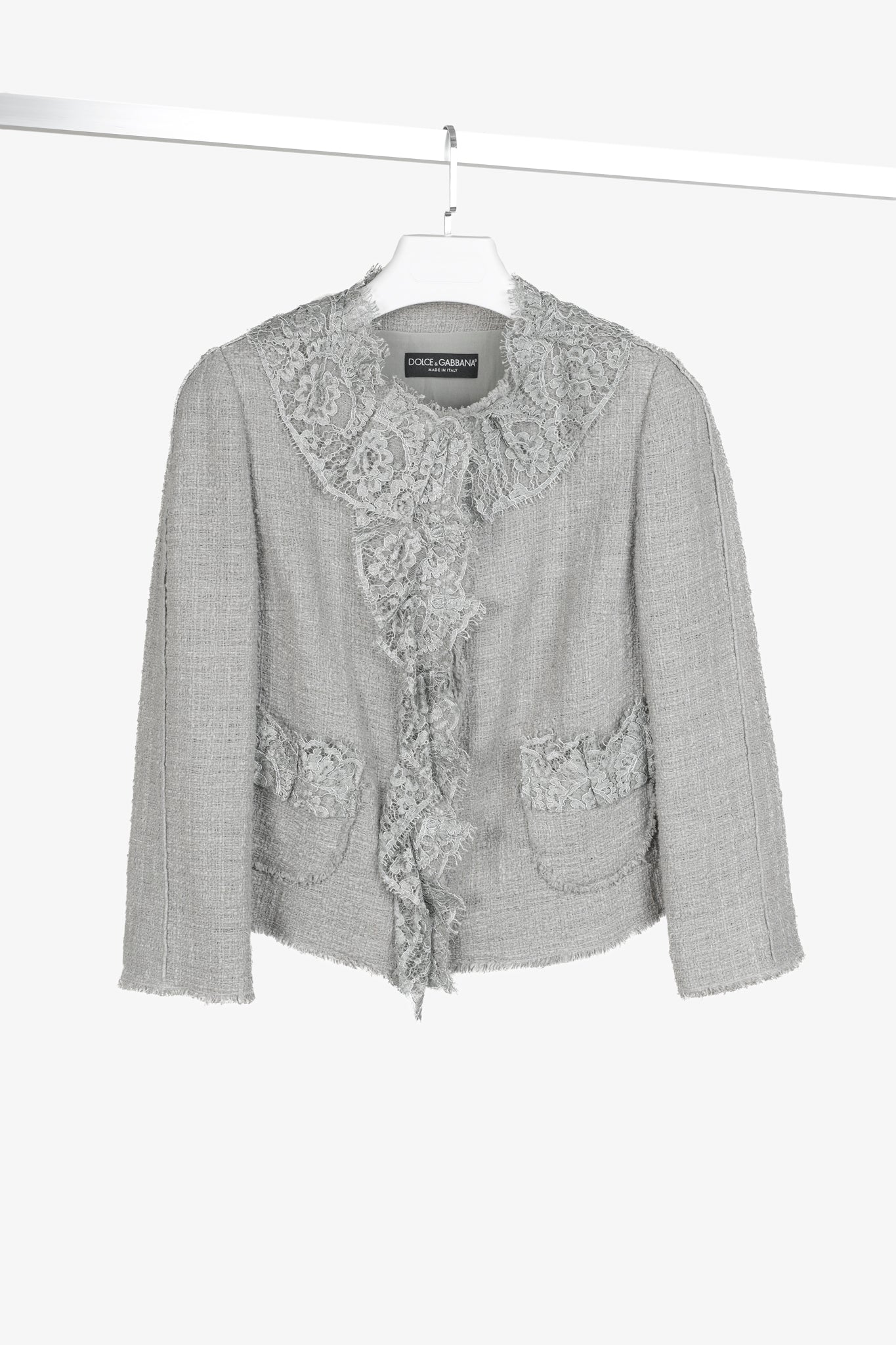 Dolce and Gabbana Grey Tweed Lace-Trim Suit Jacket