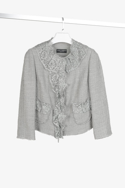 Dolce and Gabbana Grey Tweed Lace-Trim Suit Jacket
