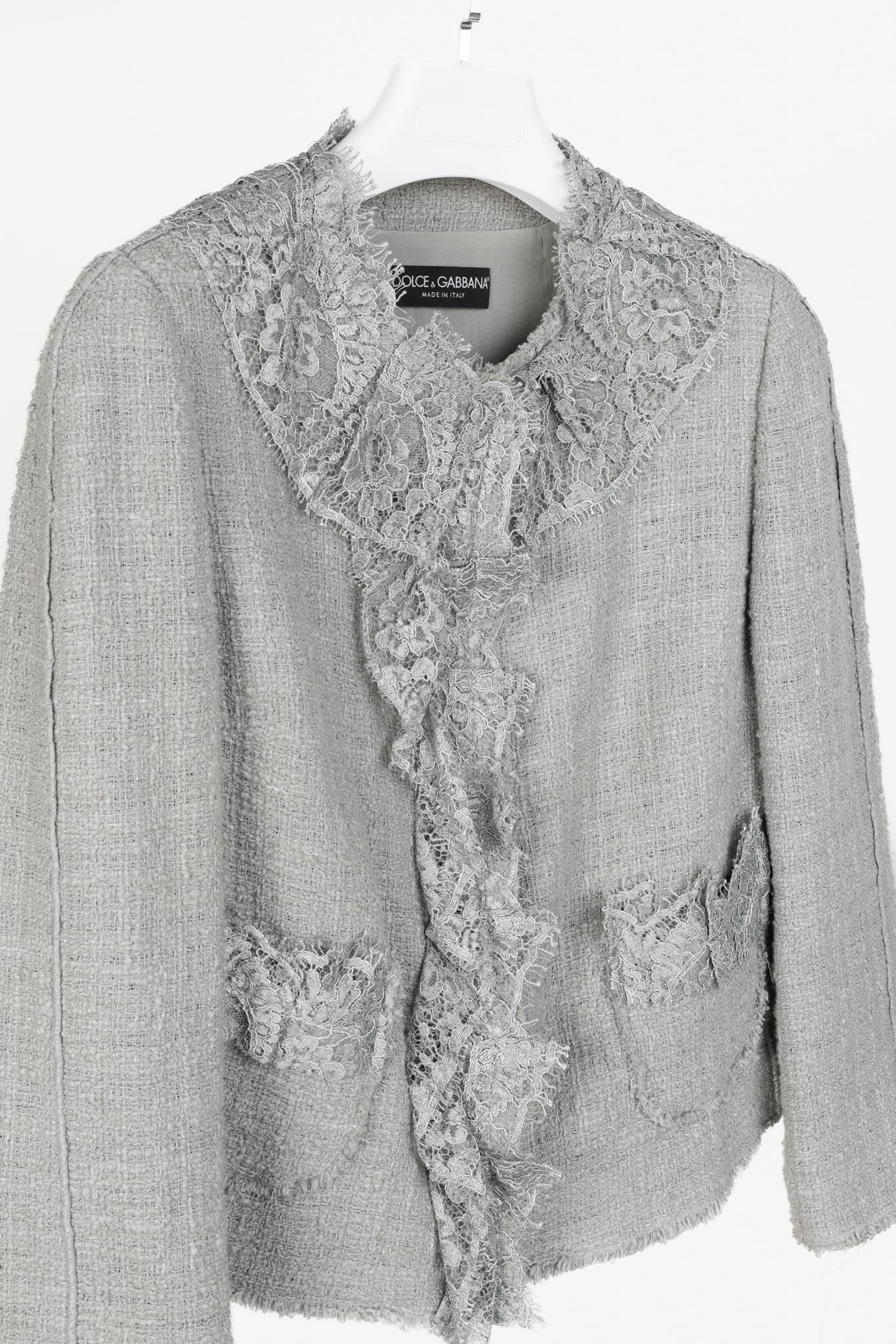 Dolce and Gabbana Grey Tweed Lace-Trim Suit Jacket