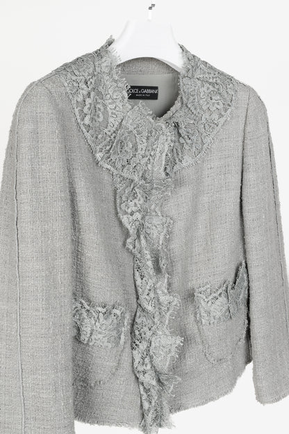 Dolce and Gabbana Grey Tweed Lace-Trim Suit Jacket