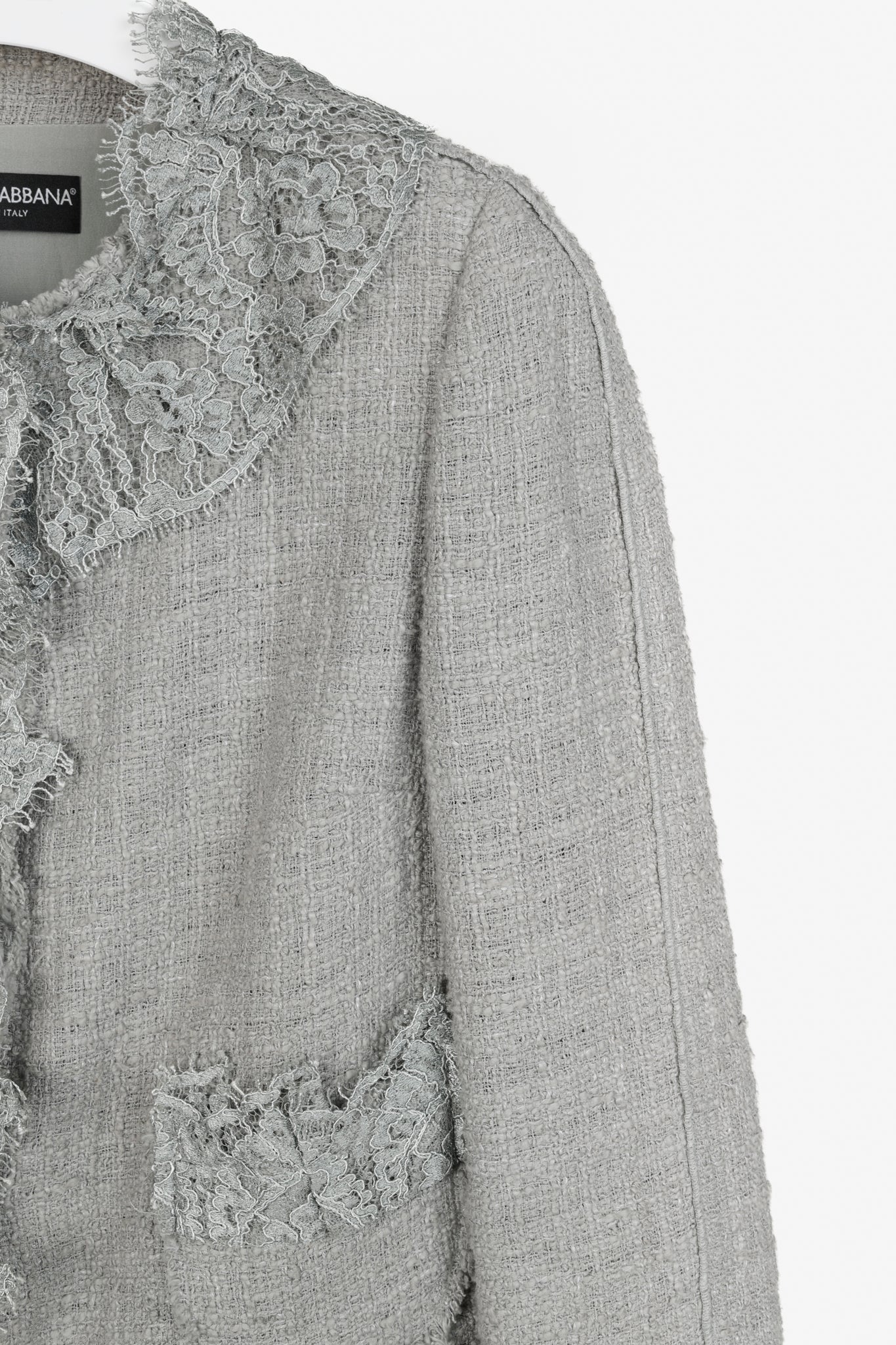Dolce and Gabbana Grey Tweed Lace-Trim Suit Jacket