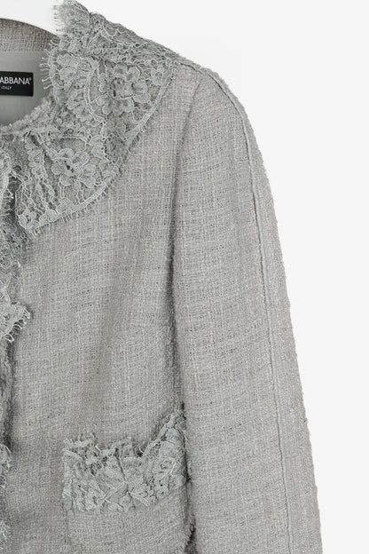 Dolce and Gabbana Grey Tweed Lace-Trim Suit Jacket