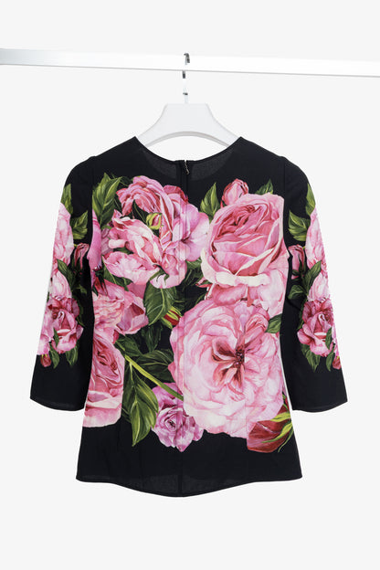 Dolce & Gabbana Nero Rose Floral Printed Crêpe Top