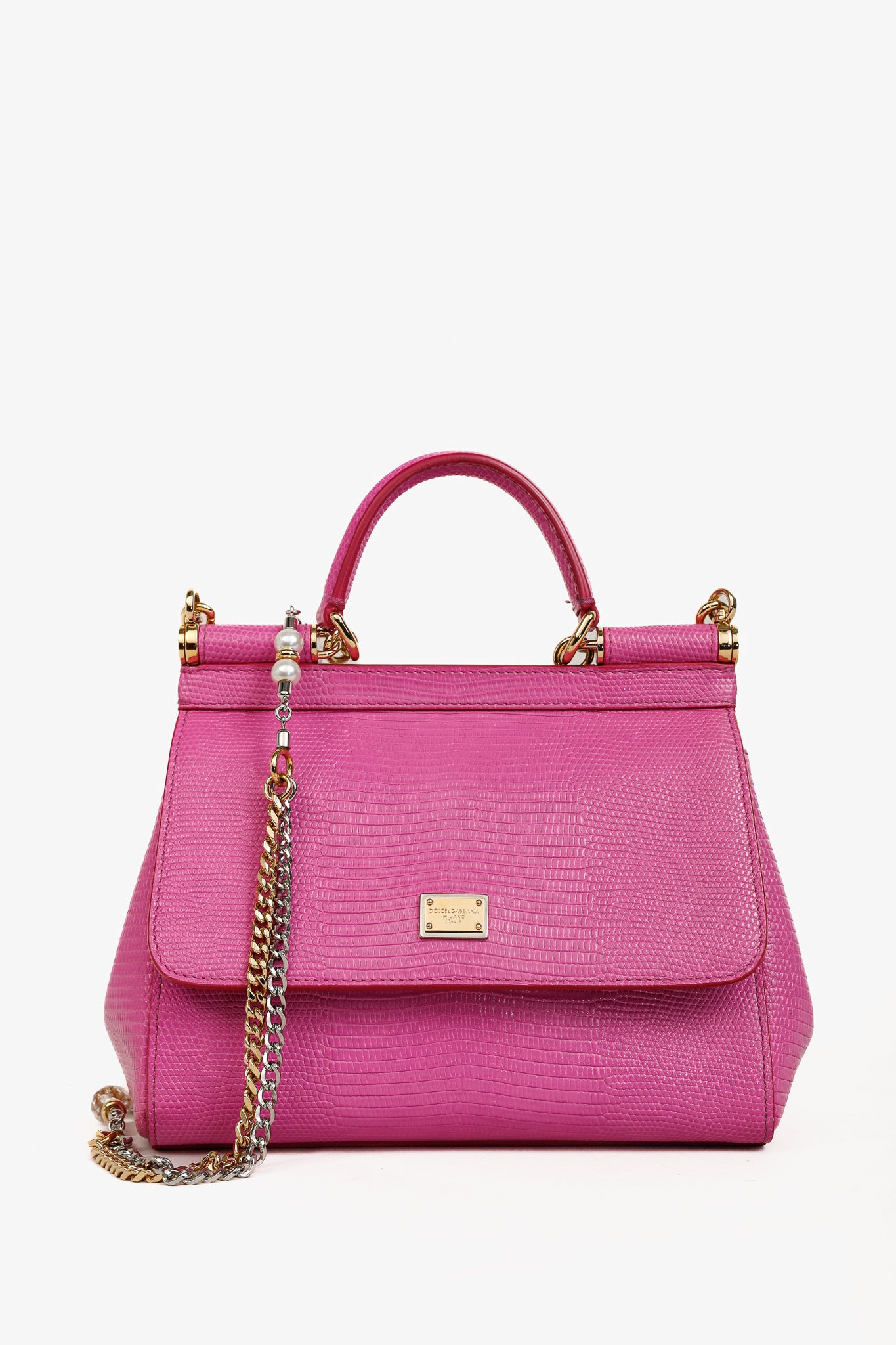 Dolce & Gabbana Miss Sicily Small Pink Iguana-Embossed Chain Satchel