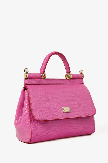Dolce & Gabbana Miss Sicily Small Pink Iguana-Embossed Chain Satchel