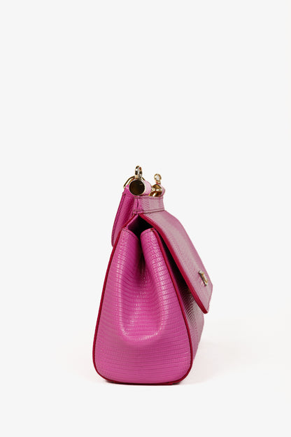 Dolce & Gabbana Miss Sicily Small Pink Iguana-Embossed Chain Satchel