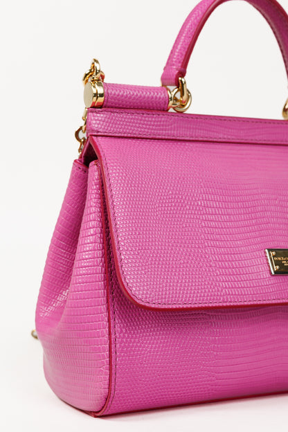 Dolce & Gabbana Miss Sicily Small Pink Iguana-Embossed Chain Satchel
