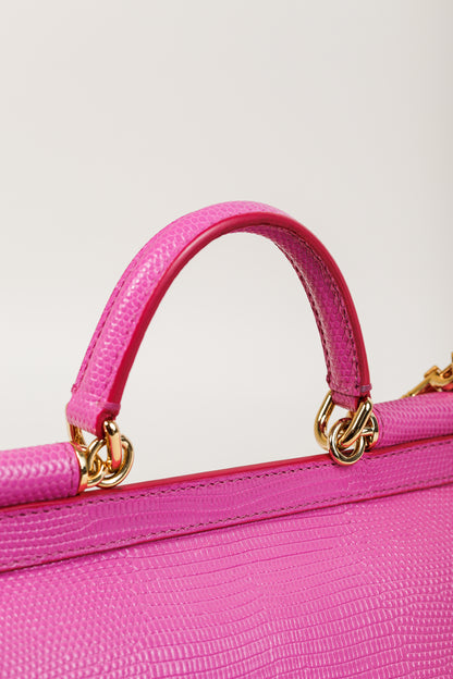 Dolce & Gabbana Miss Sicily Small Pink Iguana-Embossed Chain Satchel