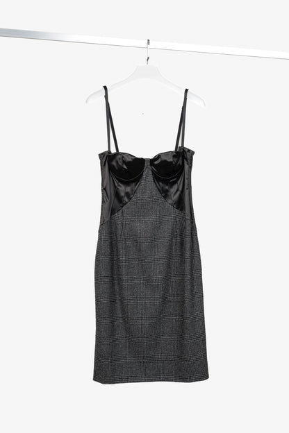 Dolce & Gabbana Black & Grey Plaid-Wool Satin-Bustier Dress