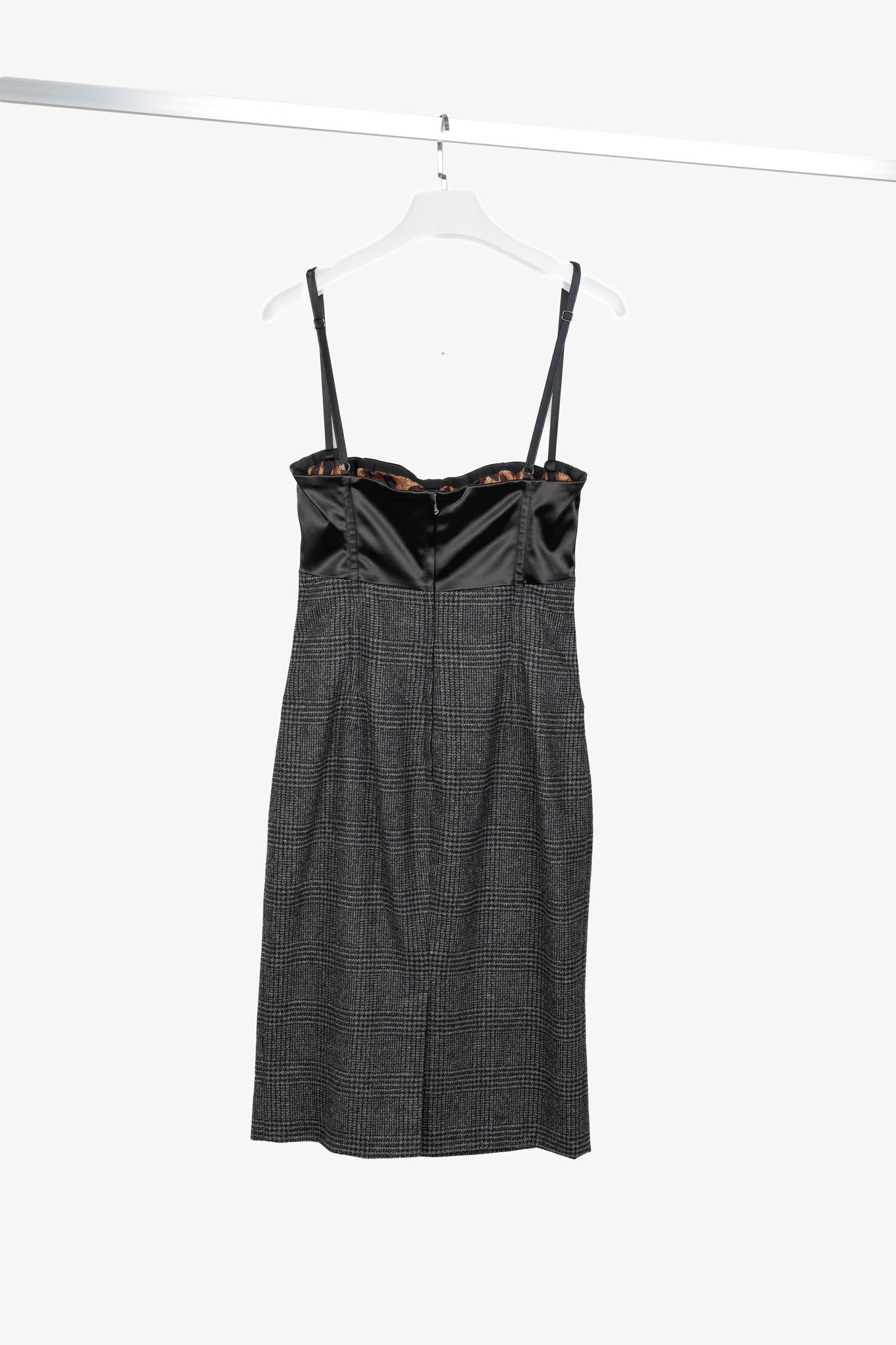 Dolce & Gabbana Black & Grey Plaid-Wool Satin-Bustier Dress