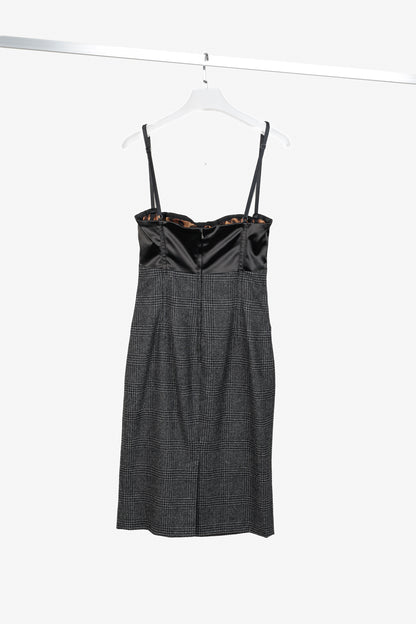 Dolce & Gabbana Black & Grey Plaid-Wool Satin-Bustier Dress