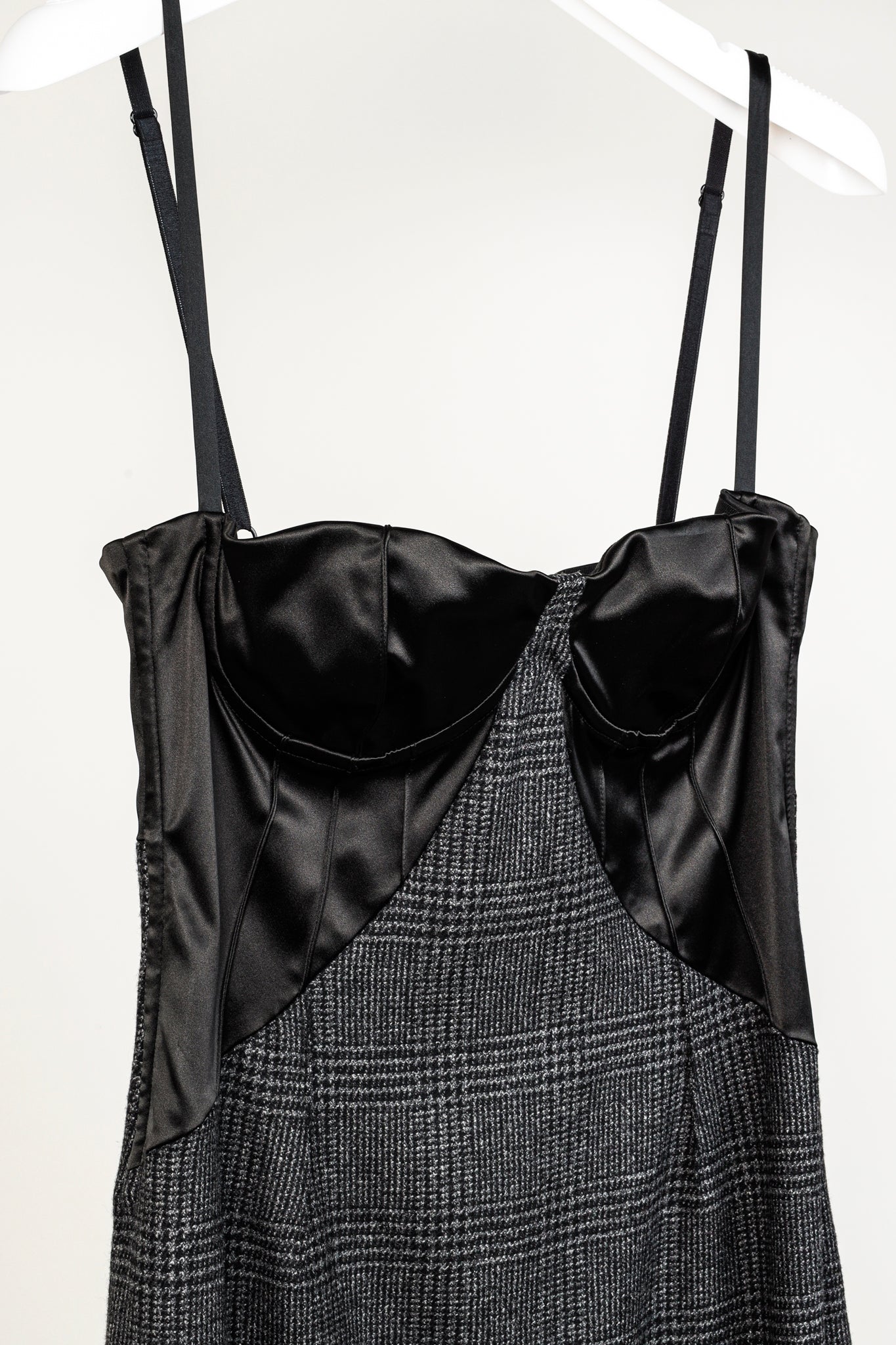 Dolce & Gabbana Black & Grey Plaid-Wool Satin-Bustier Dress