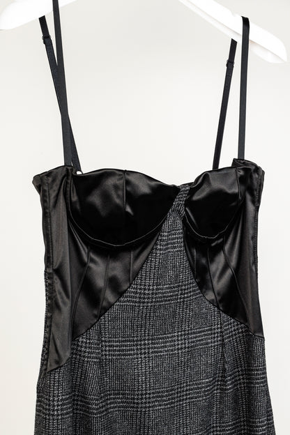Dolce & Gabbana Black & Grey Plaid-Wool Satin-Bustier Dress