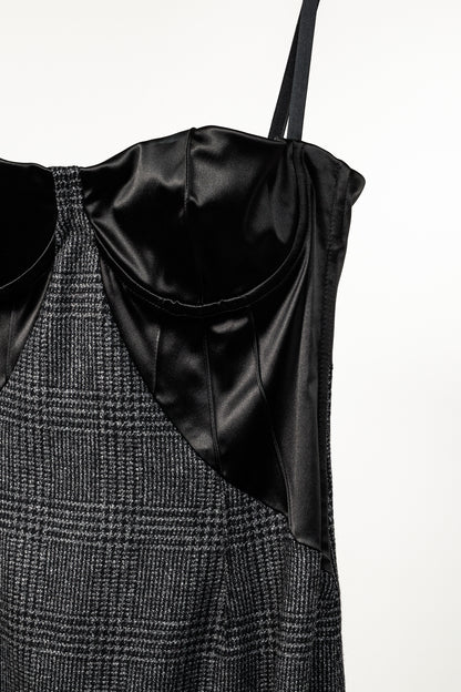 Dolce & Gabbana Black & Grey Plaid-Wool Satin-Bustier Dress