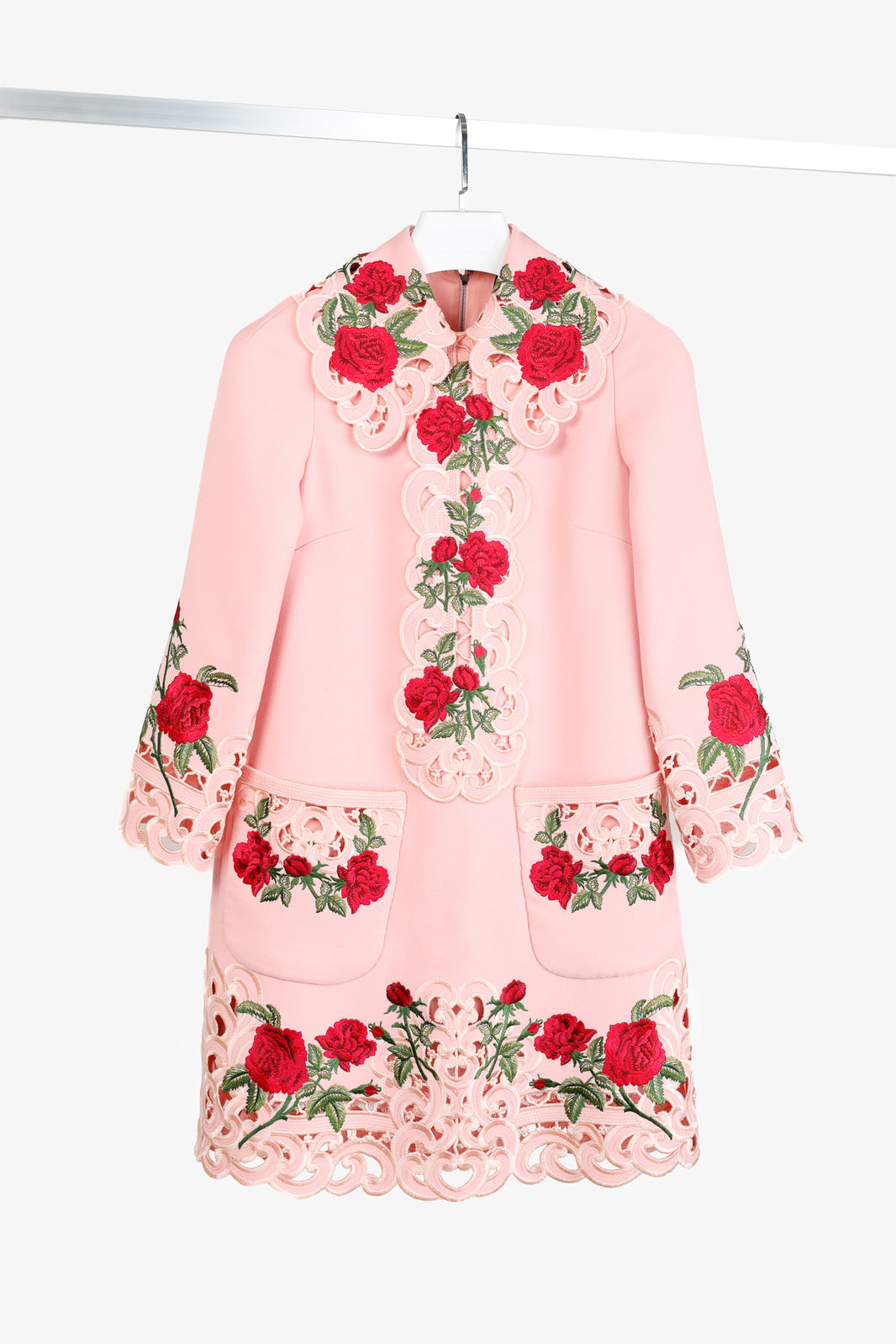 Dolce & Gabbana AW/15 Runway Pink Wool Floral-Embroidered Collared Long-Sleeve Dress