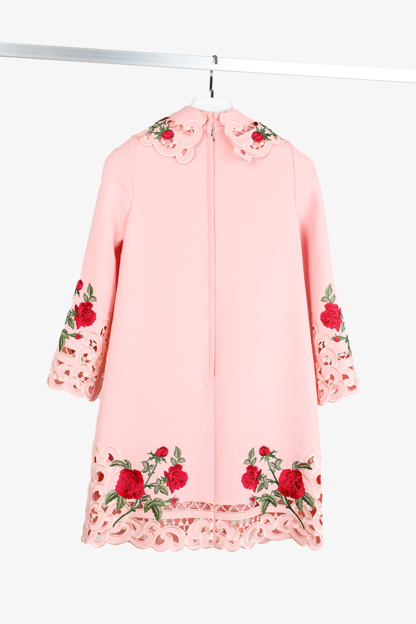 Dolce & Gabbana AW/15 Runway Pink Wool Floral-Embroidered Collared Long-Sleeve Dress