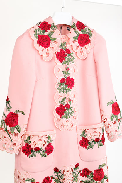 Dolce & Gabbana AW/15 Runway Pink Wool Floral-Embroidered Collared Long-Sleeve Dress