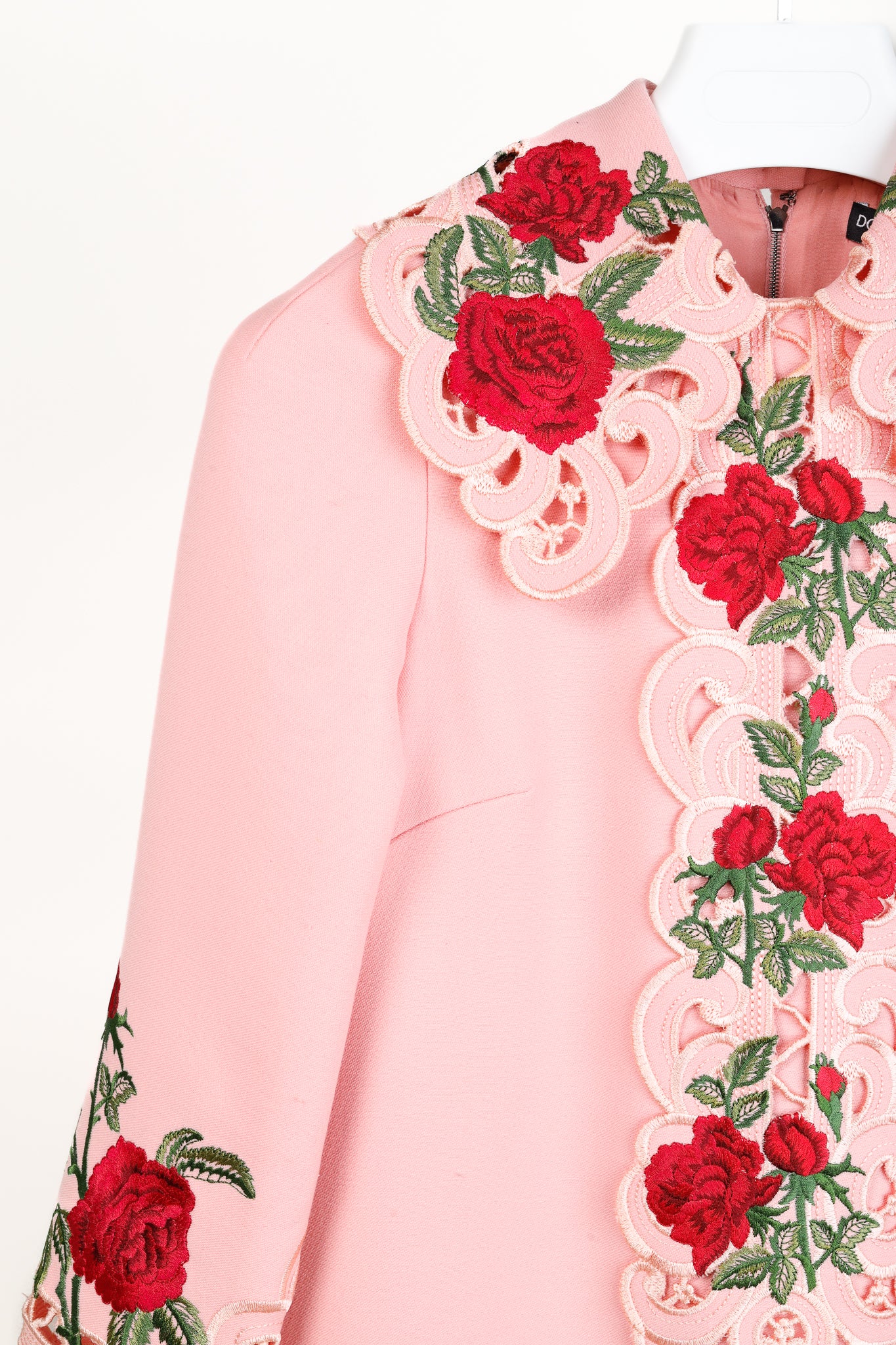 Dolce & Gabbana AW/15 Runway Pink Wool Floral-Embroidered Collared Long-Sleeve Dress