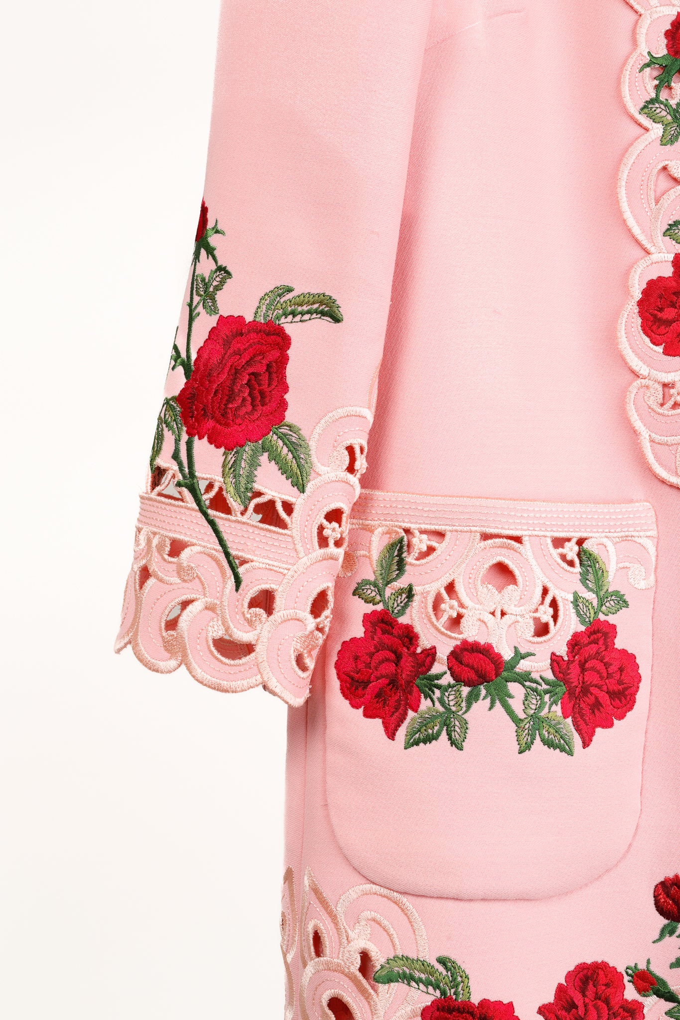 Dolce & Gabbana AW/15 Runway Pink Wool Floral-Embroidered Collared Long-Sleeve Dress