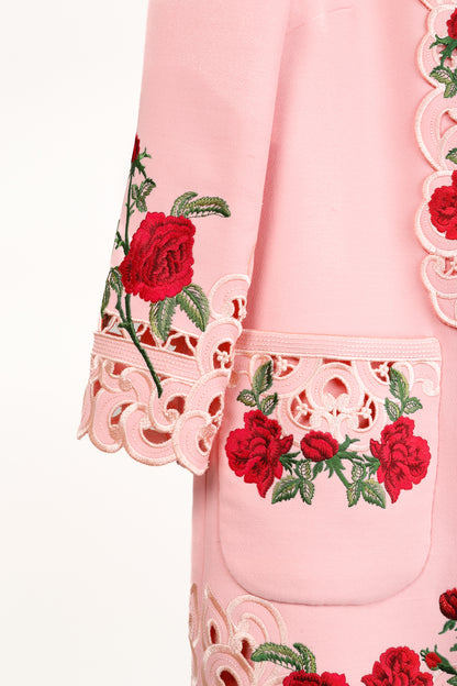 Dolce & Gabbana AW/15 Runway Pink Wool Floral-Embroidered Collared Long-Sleeve Dress