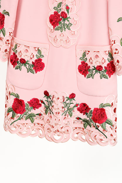 Dolce & Gabbana AW/15 Runway Pink Wool Floral-Embroidered Collared Long-Sleeve Dress