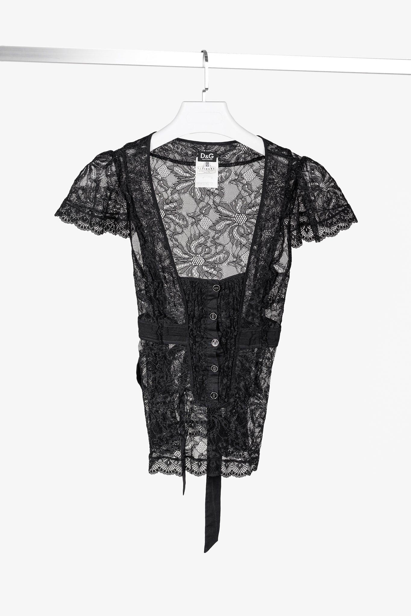 D&G Dolce & Gabbana Black Lace Flutter-Sleeve Tie-Waist Blouse