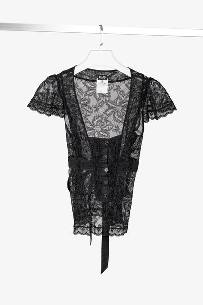 D&G Dolce & Gabbana Black Lace Flutter-Sleeve Tie-Waist Blouse