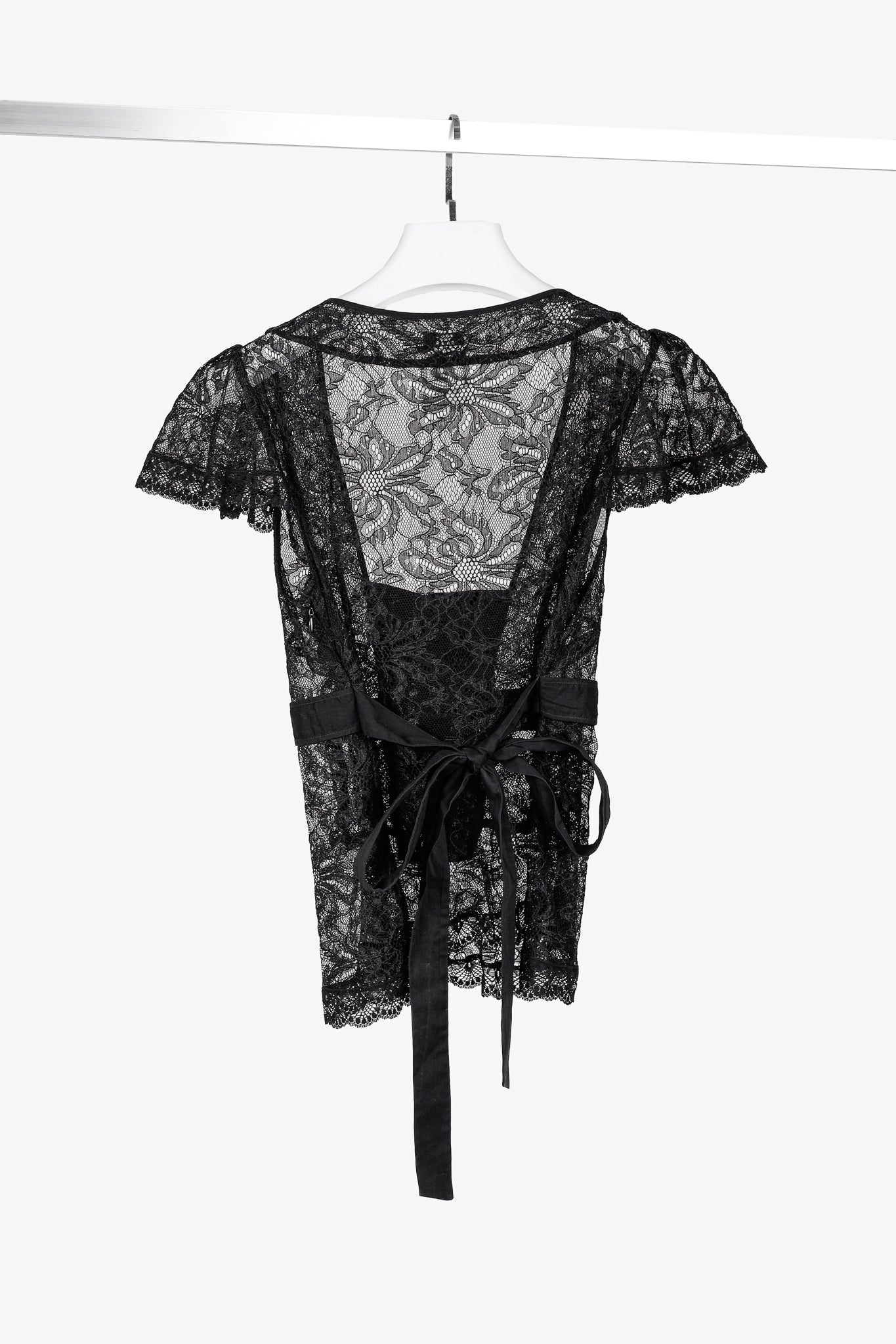 D&G Dolce & Gabbana Black Lace Flutter-Sleeve Tie-Waist Blouse