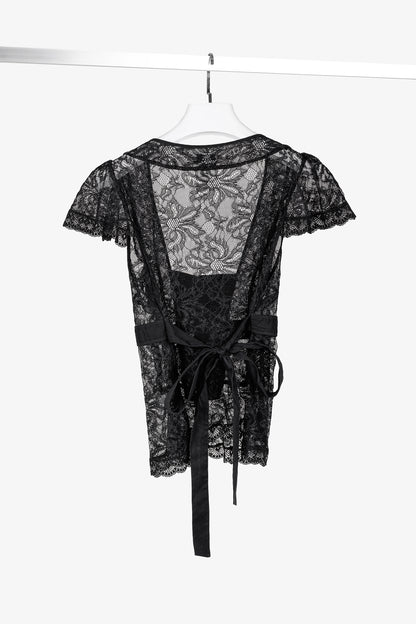 D&G Dolce & Gabbana Black Lace Flutter-Sleeve Tie-Waist Blouse